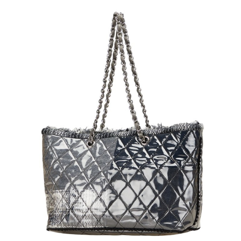 Chanel Matelasse Tote Bag Handbag Black Gray Vinyl Tweed Women's CHANEL - Picture 2 of 11